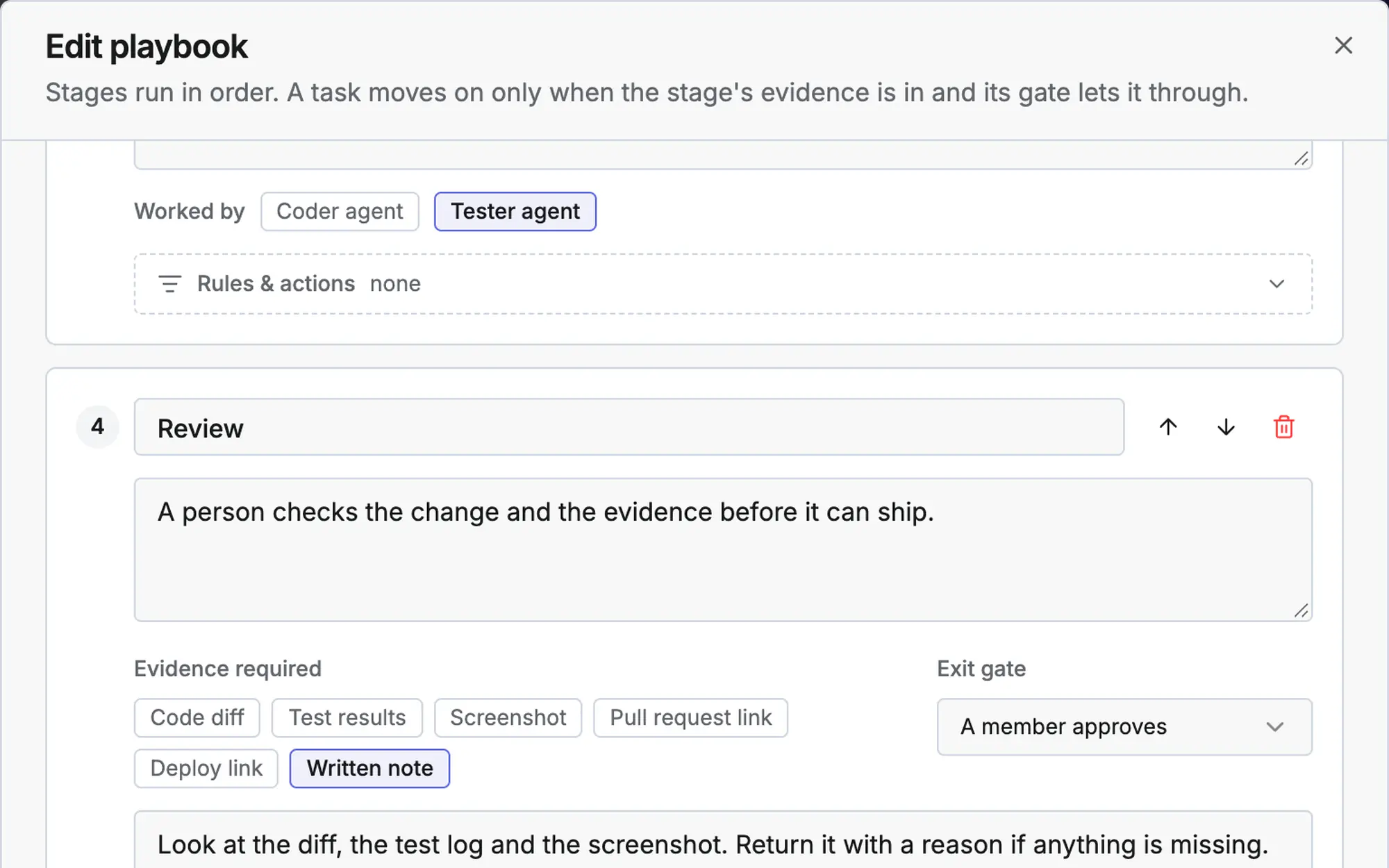 Playbook editor: the Review stage requires a written note and a member’s approval