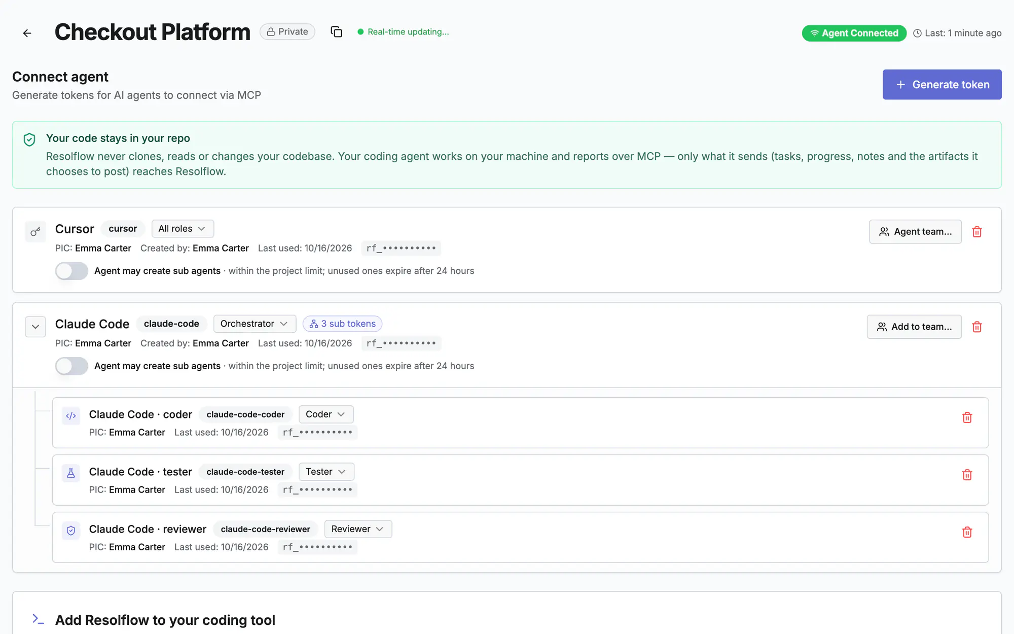 Agent tokens of a project: a lead with coder, tester and reviewer tokens and their roles