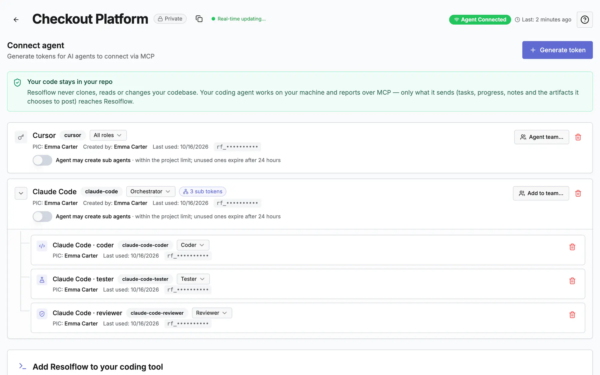 Connect agent tab: generate a token, the agent team and the connection status