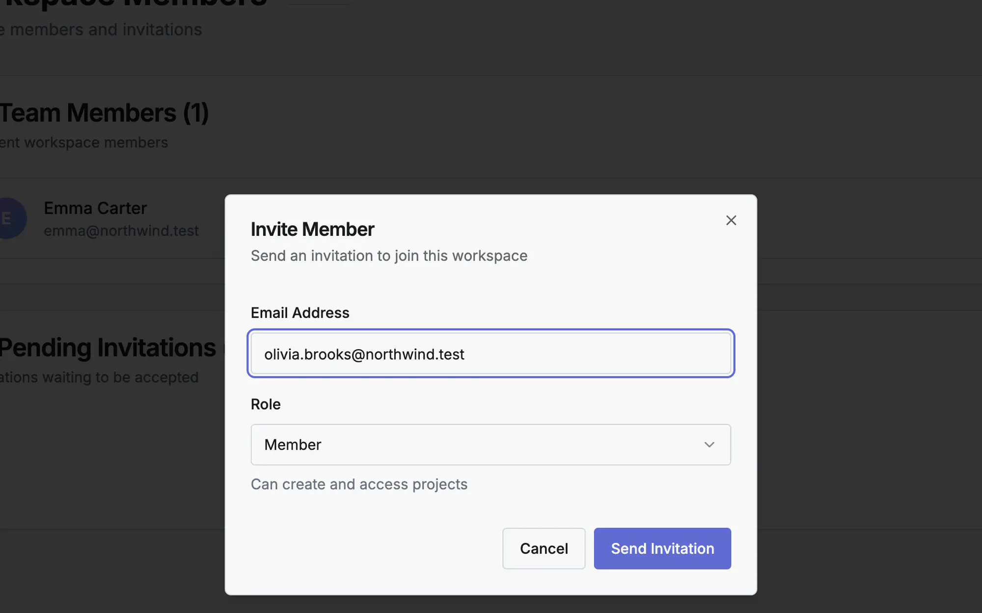 Inviting a teammate to the workspace by email with a role