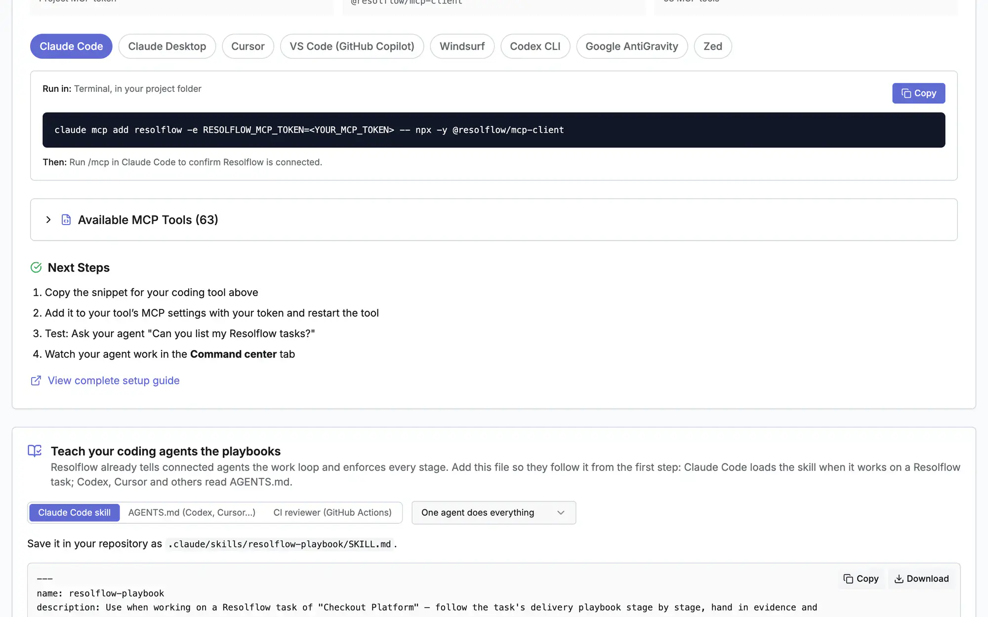 Setup snippets for Claude Code, Cursor, VS Code and other coding tools