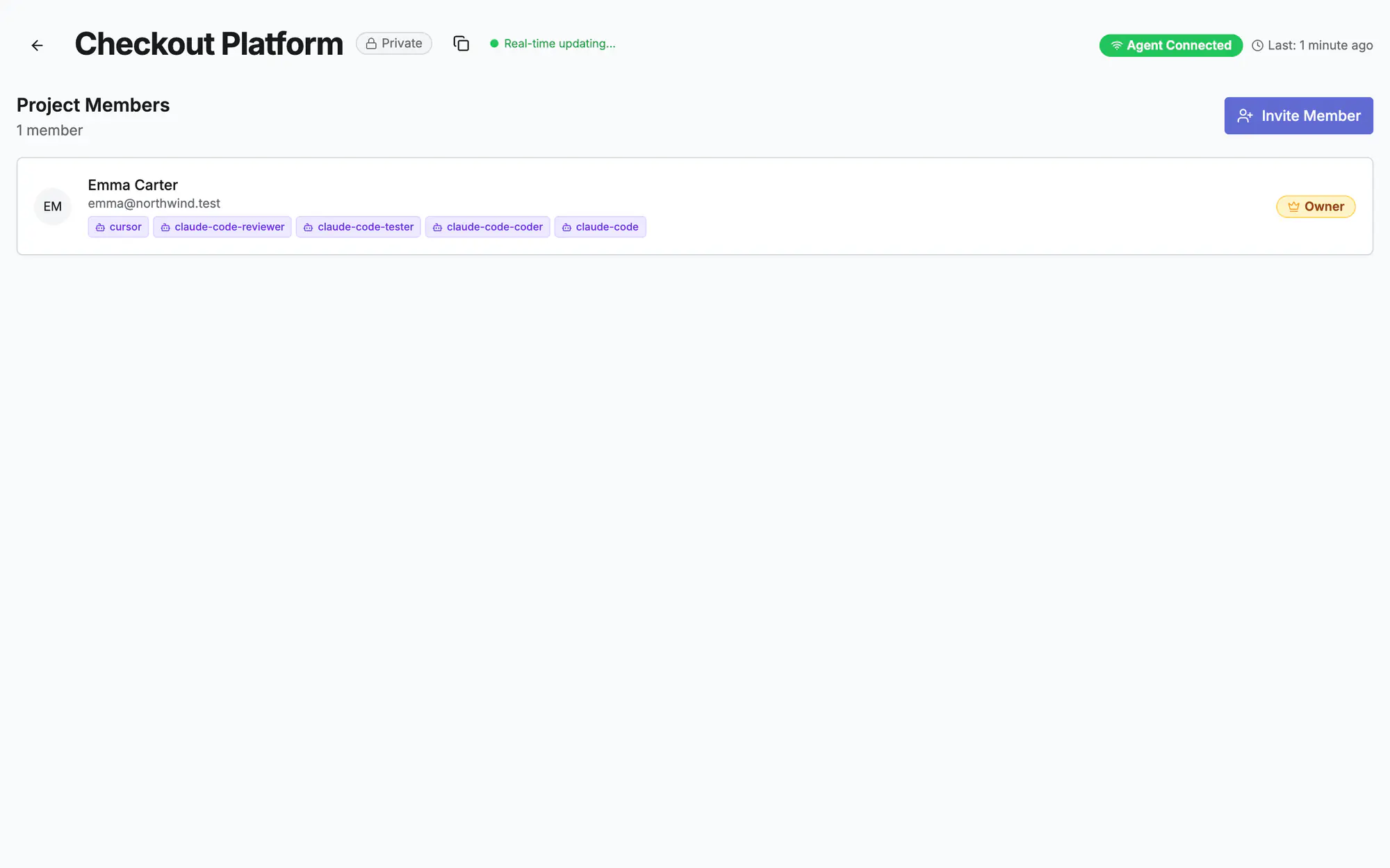 Project members with the agent tokens each person is in charge of