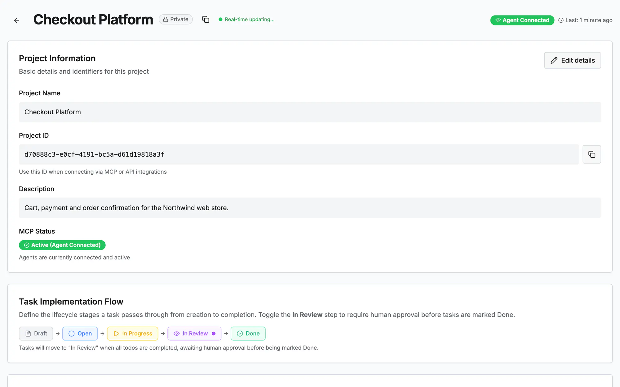 Project settings: project details and the task flow with a human review step