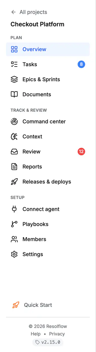 The project menu of Resolflow