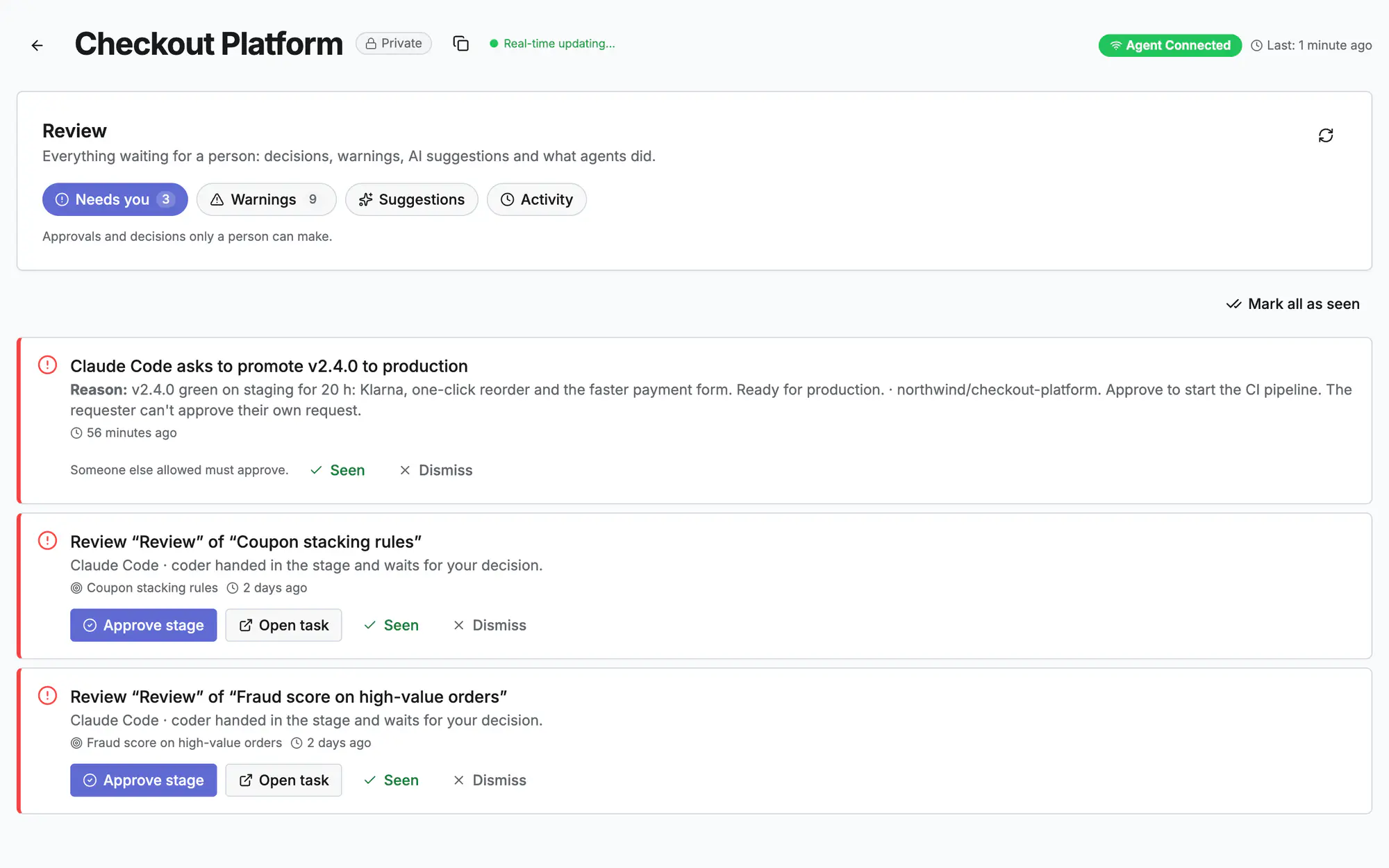 Review inbox: a deploy request to approve and playbook stages waiting for a person