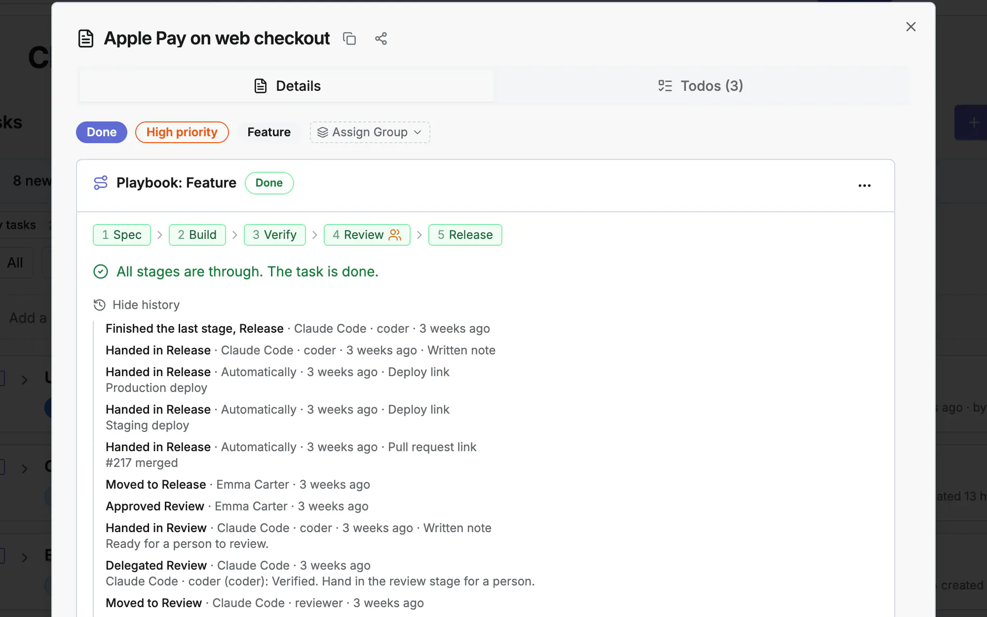 A task through the Feature playbook: Spec, Build, Verify, Review and Release with the history of evidence