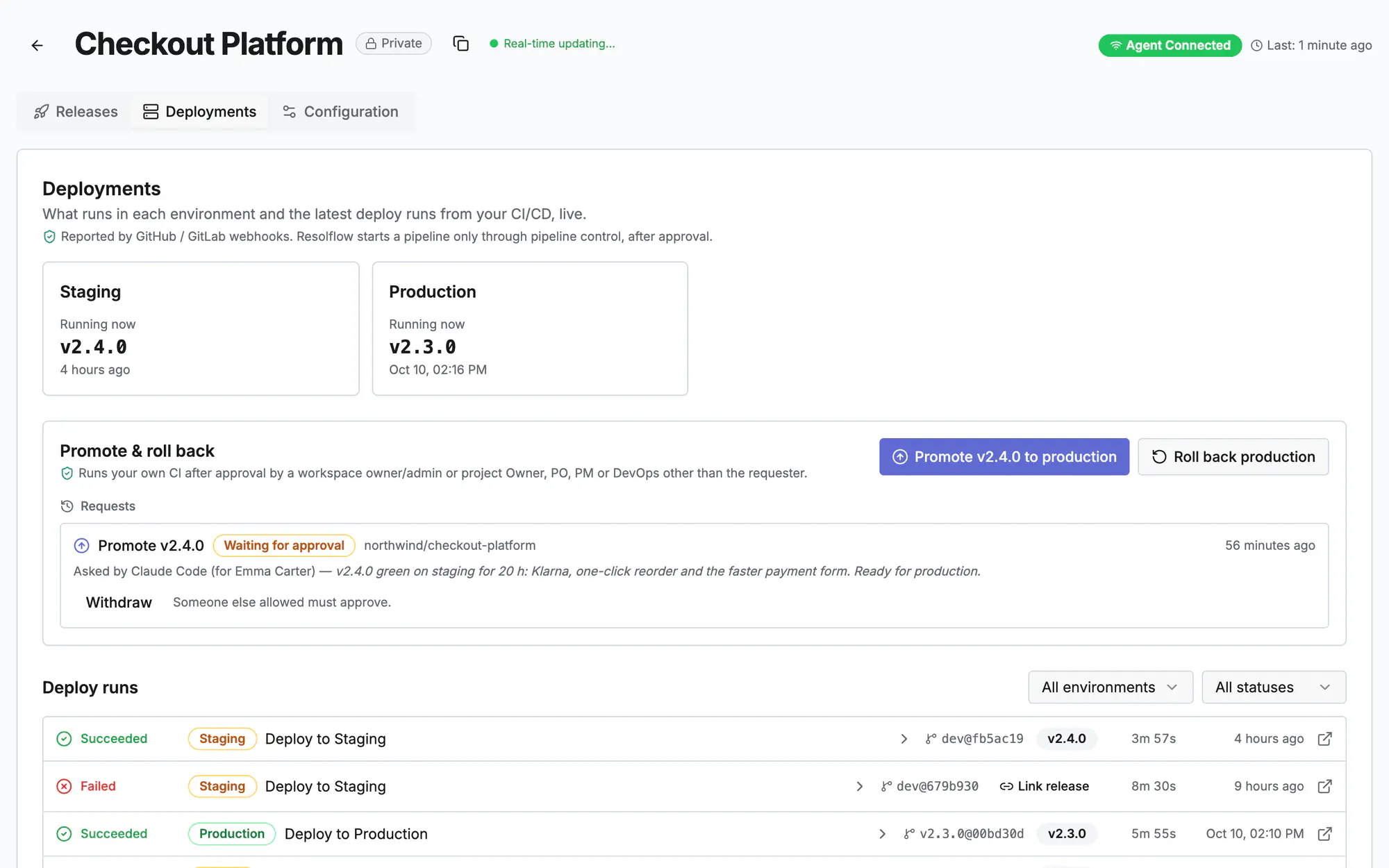 Promote and roll back: an agent's request to promote v2.4.0 waits for approval