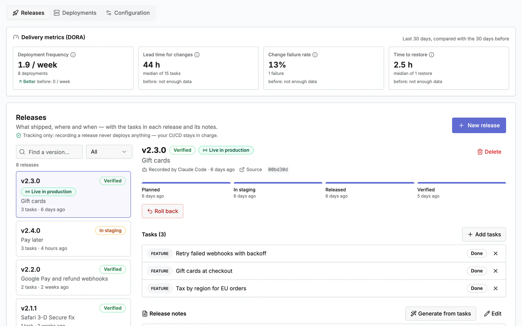 Releases with DORA metrics, the release timeline and its linked tasks