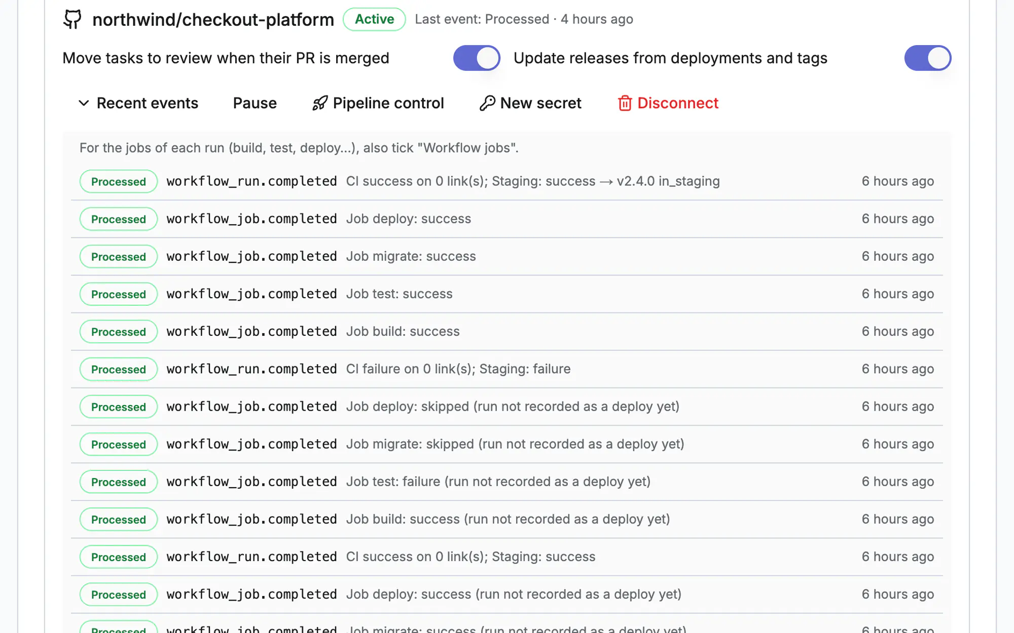 A GitHub repository connected by webhook, with its options and the latest webhook events