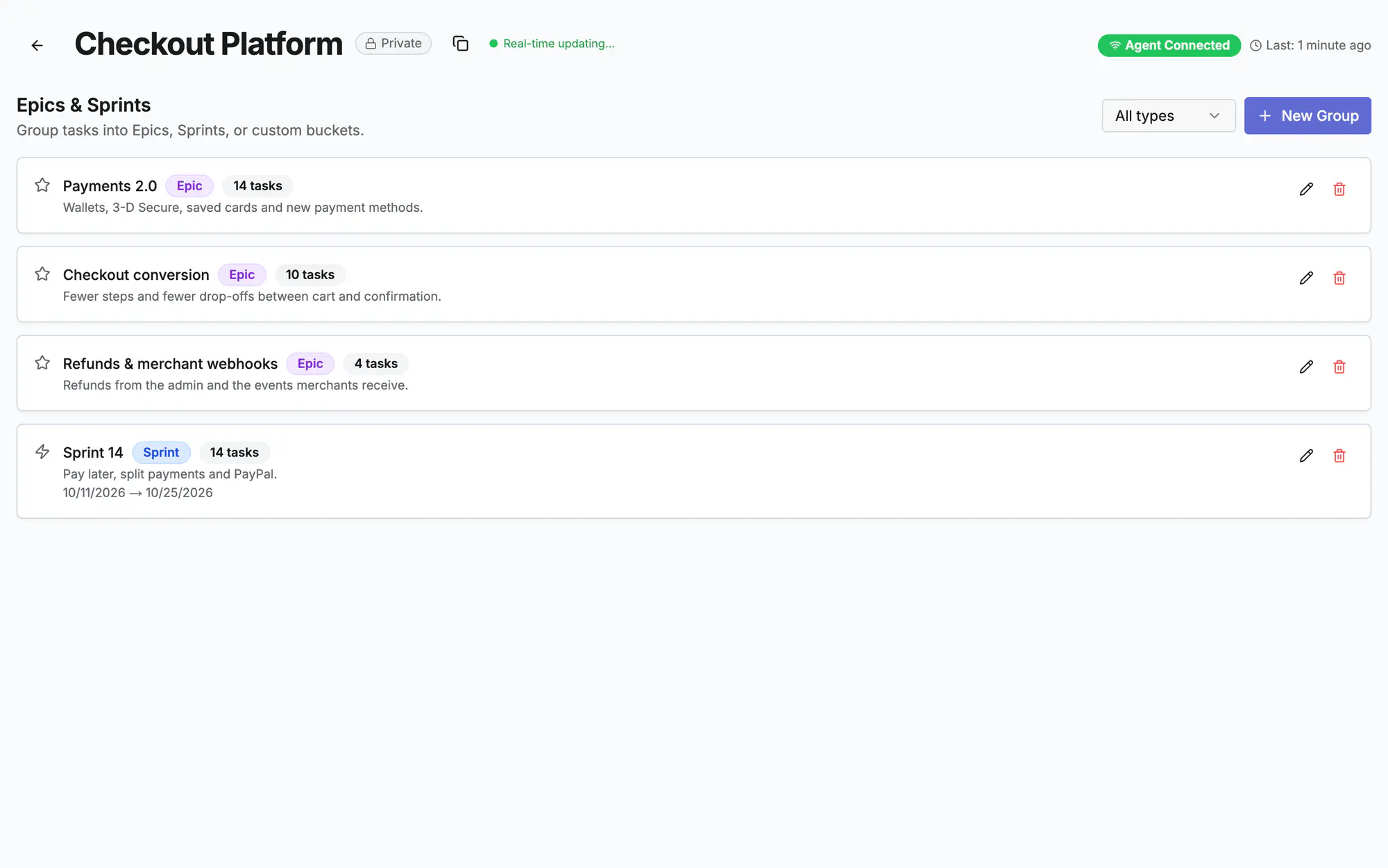 Epics and sprints of the project with their descriptions and dates