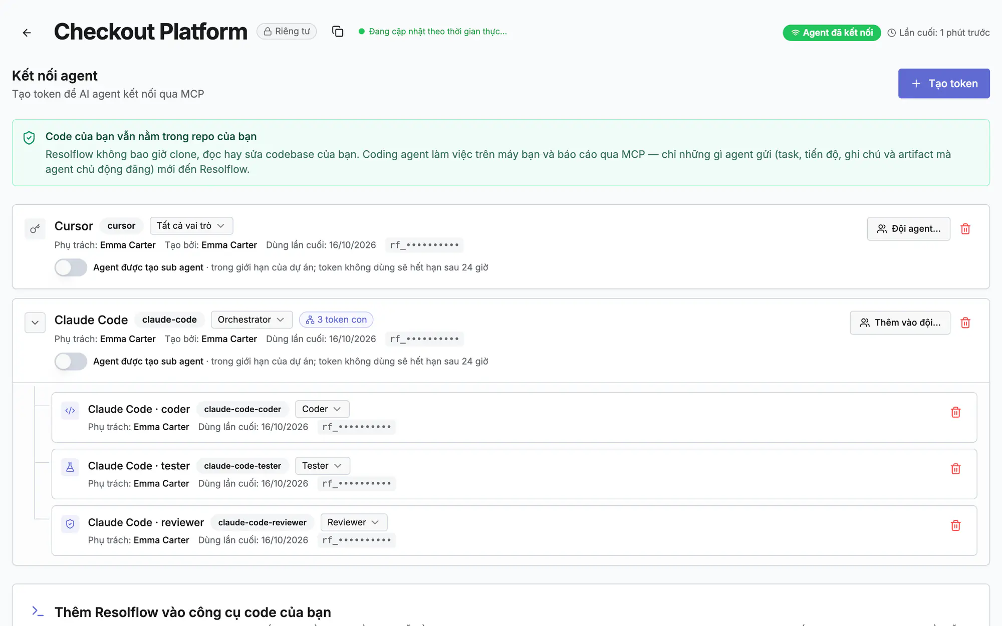 Token agent của dự án: một lead cùng các token coder, tester, reviewer và vai trò của chúng
