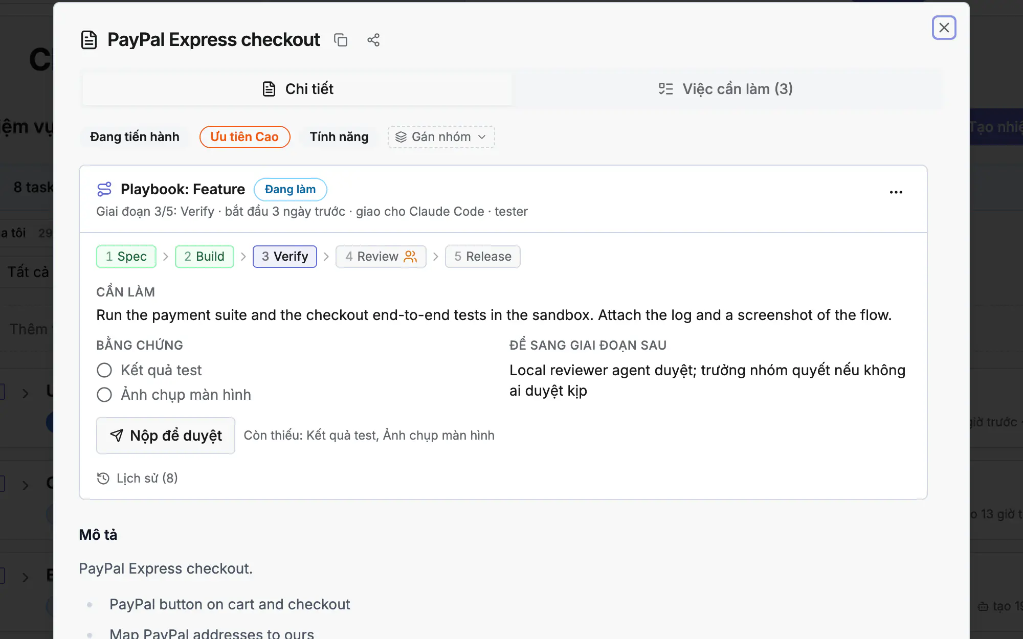 Chi tiết task với giai đoạn playbook, bằng chứng còn thiếu và tab todo